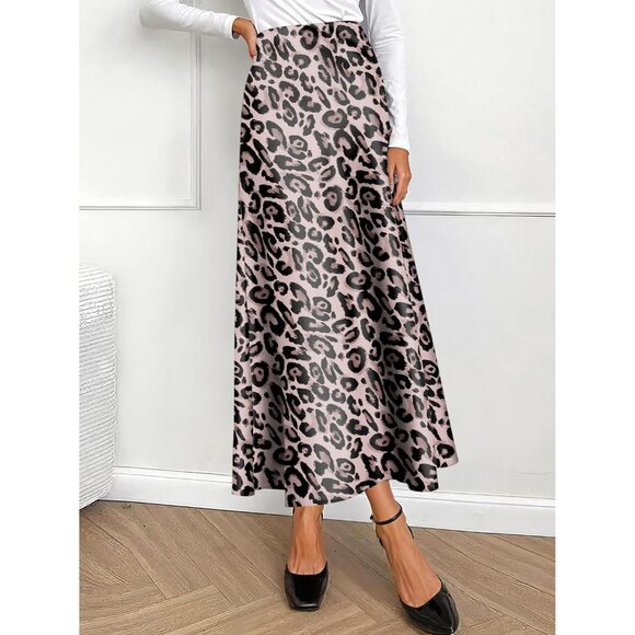 Elegant Satin Maxi Skirt for Women High Waisted Leopard Silk Fall Dressy Casul - Picture 7 of 7